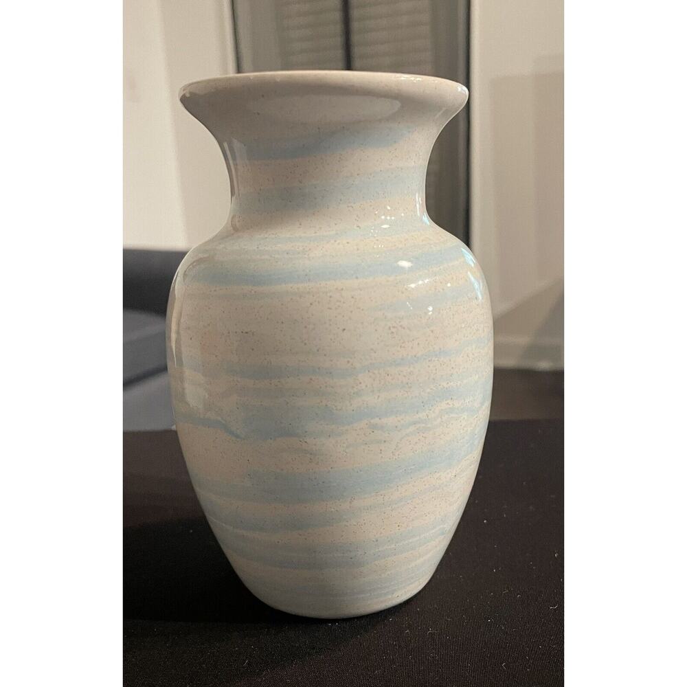 Studio Art Pottery Cream Base Color with Baby Blue Drip Swirl Glaze Vase